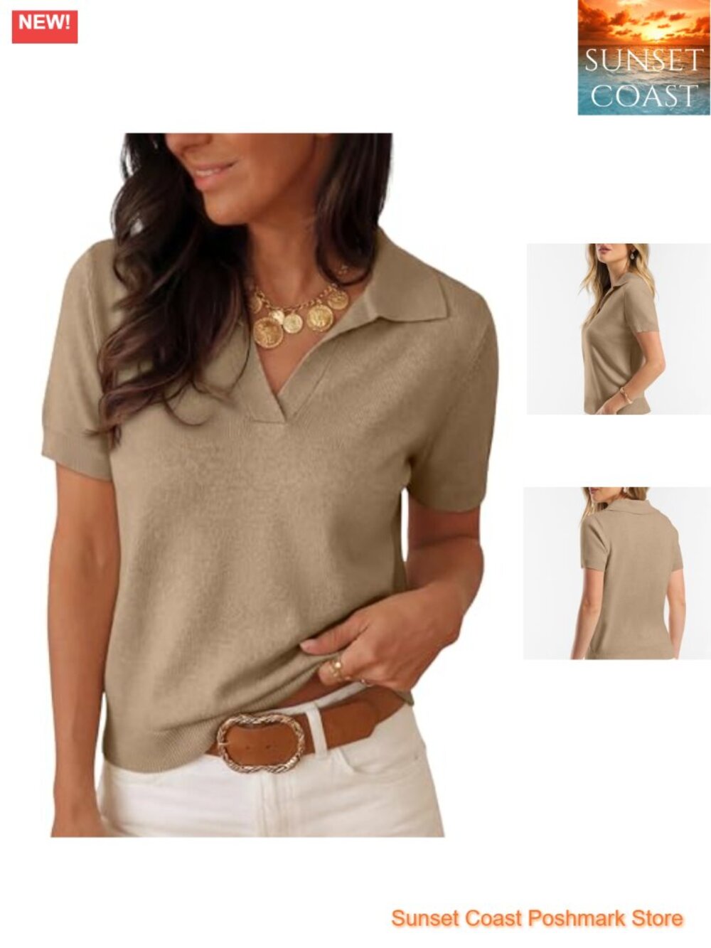 Women Short Sleeve Wool Blend Polo Sweater Business Casual V-Neck Top